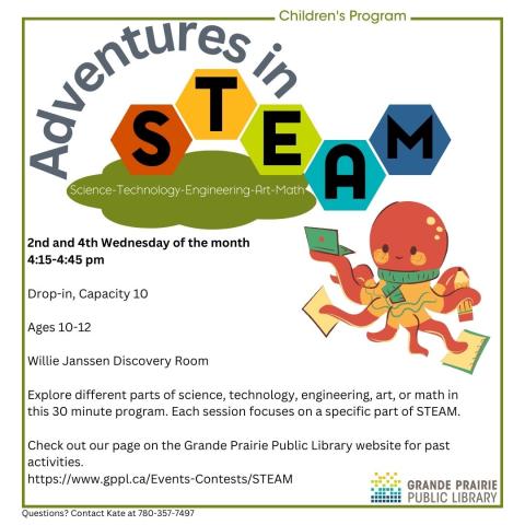 Adventures in STEAM, 2nd and 4th Wednesday of month 4:15-4:45 pm, octopus holding notebooks and electronics