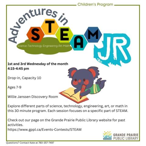 Adventures in STEAM Jr, 1st and 3rd Wednesday of month 4:15-4:45 pm, drop-in, grab a ticket to attend, koala writing in notebook