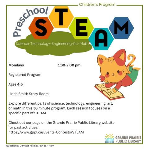 Preschool STEAM (science, technology, engineering, art, math) Mondays 1:30-2:00 pm, registration reqiored, image of a cartoon cat writing in a notebook