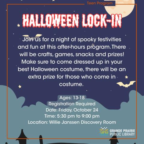 Halloween Lock-In, blue night sky over a black graveyard, information about program, library logo