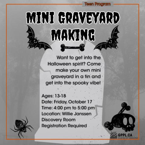 Mini Graveyard Making, grey cemetery background, bats, spider, and skull images, program information