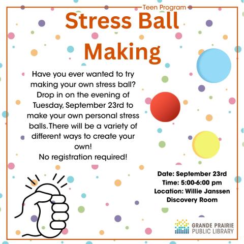 Stress Ball Making, polkdot background, three colourful balls, a hand squeezing a ball, program details