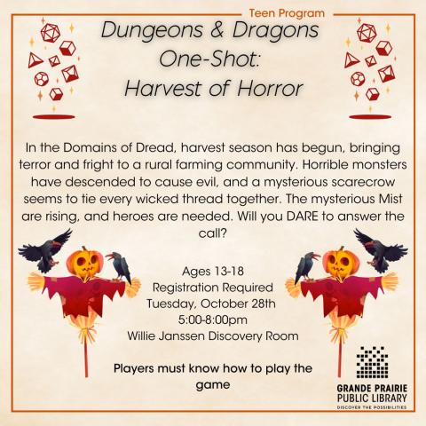 Dungeons & Dragons One-Shot: Harvest of Horror, beige background, 2 scarecrows with pumpkin heads and crows on them, dice sets, library logo, details about program
