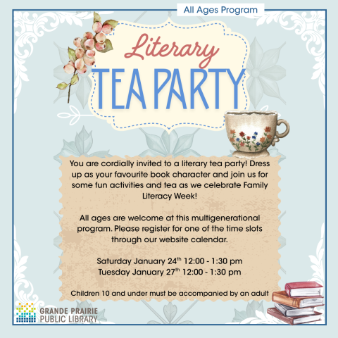 Literary Tea Party, pastel blue background with watercolour tea cup and books, welcome to our literary tea party. Dress as your favourite character and join us for tea and activities.
