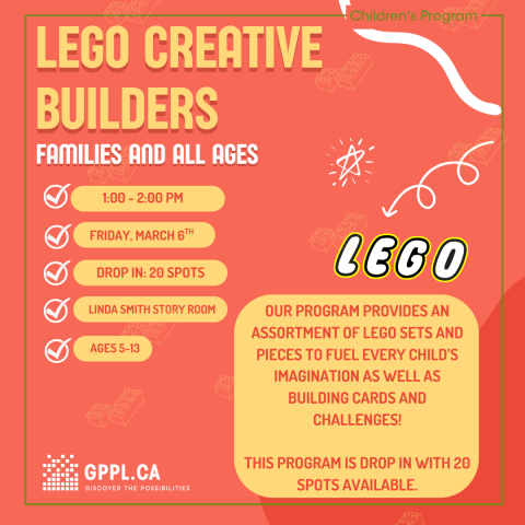 Our program provides an assortment of LEGO sets and pieces to fuel every child’s imagination as well as building cards and challenges!  This program is drop in with 20 spots available.