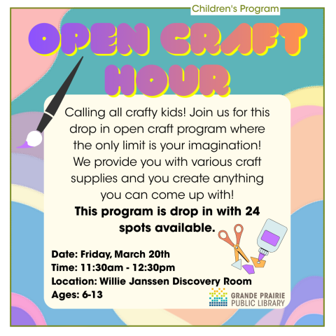 Calling all crafty kids! Join us for this drop in open craft program where the only limit is your imagination! We provide you with various craft supplies and you create anything you can come up with! This program is drop in with 24 spots available.