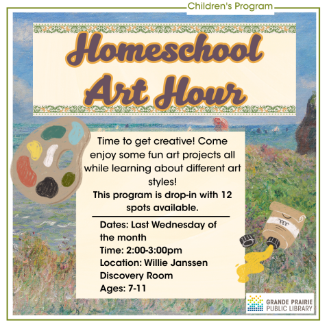 Time to get creative! Come enjoy some fun art projects all while learning about different art styles! This program is drop-in with 12 spots available.