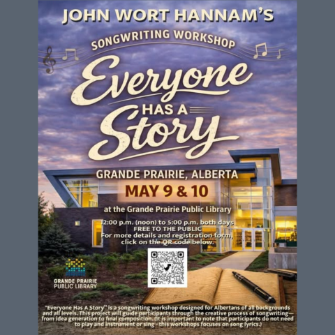Everyone has a Story. Background of the Montrose Cultural Centre. QR code to scan to register. Workshop May 9 and 10, 12:00-5:00 pm, Rotary Community Room, all skill levels welcome.