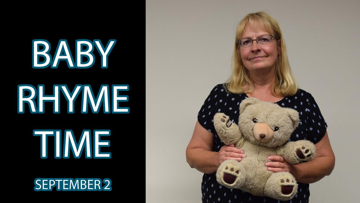 A woman holding a teddy bear stands next to the text "Baby Rhyme Time September 2"