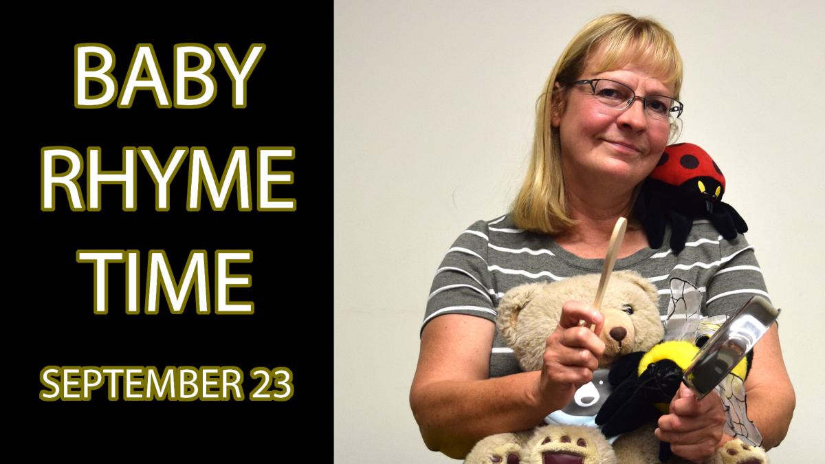 A woman holding various stuffed animals next to the words "Baby Rhyme Time September 23"