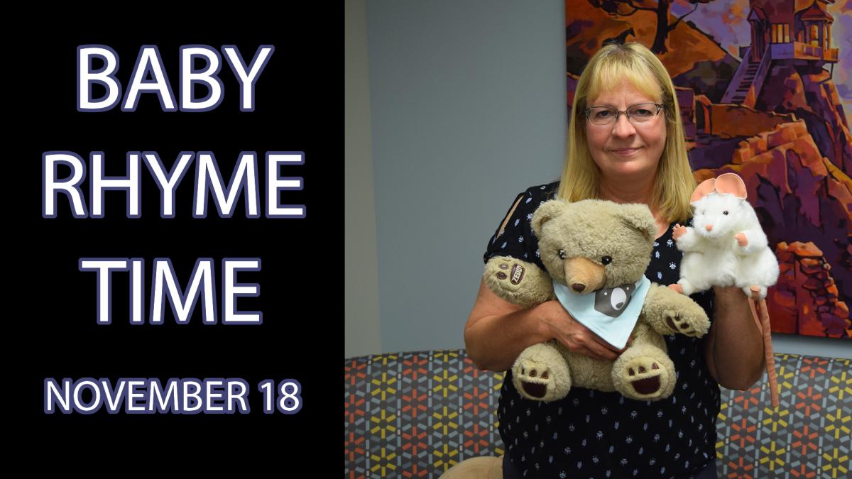 A woman holding puppets, standing next to the text "Baby Rhyme Time November 18"