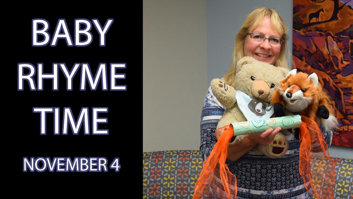 A woman holds bear and fox puppets next to the text "Baby Rhyme Time November 4"