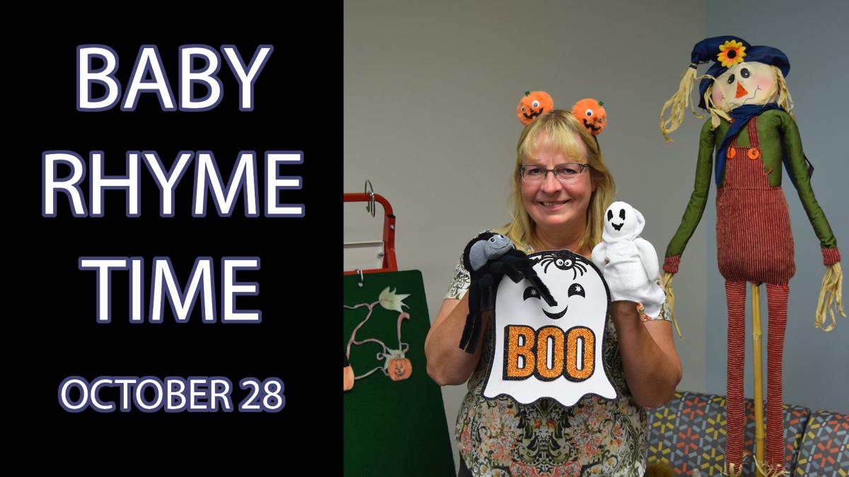 A woman holding puppets, standing next to a scarecrow, beside the text "Baby Rhyme Time October 28"