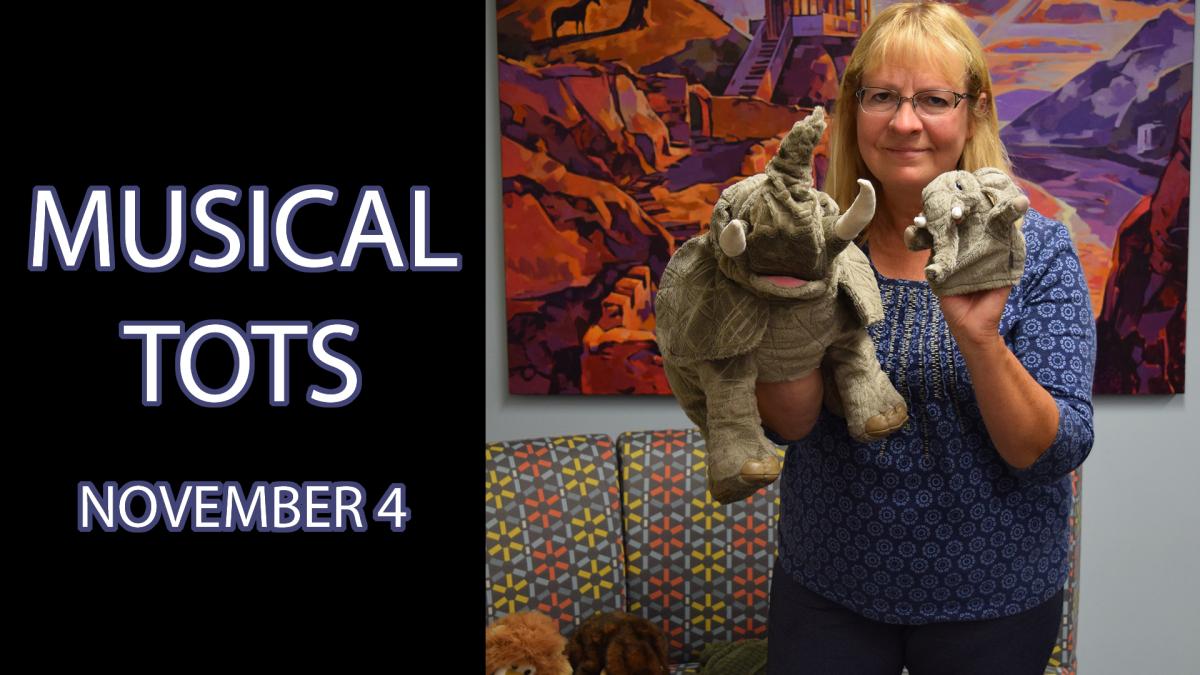 A woman holding various puppets next to the text "Musical Tots November 4"