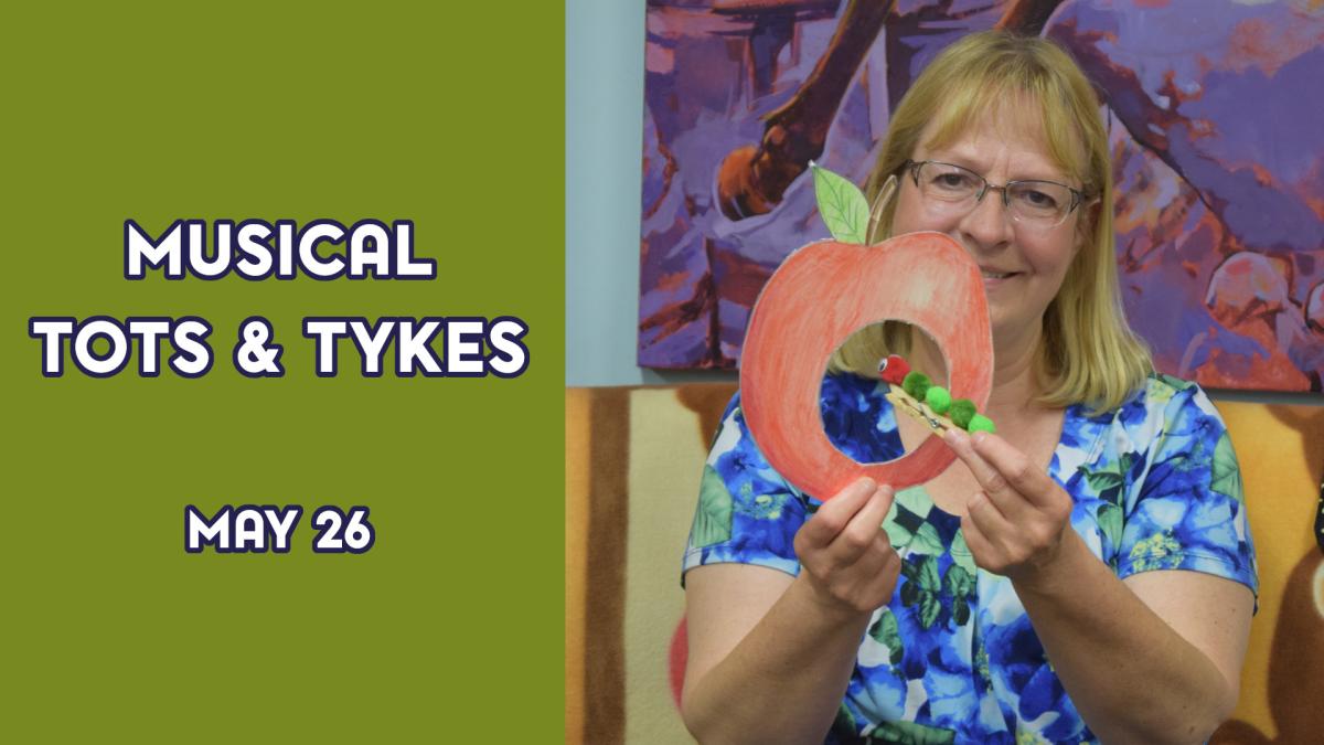 A woman holds stuffed animals next to the text "Musical Tots & Tykes May 26"