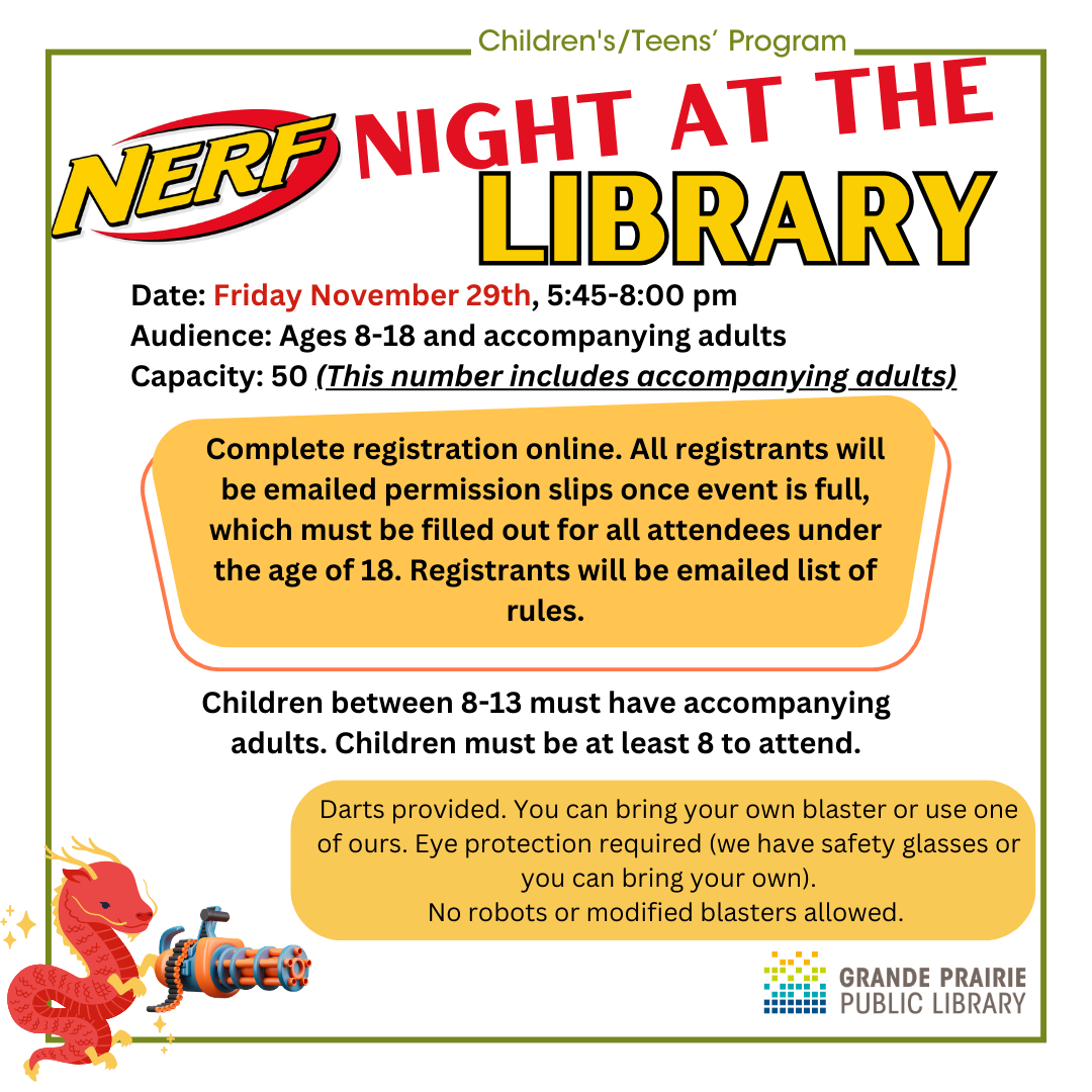 Nerf Night at the Library, November 29th 5:45-8:00 pm, small dragon holding nerf blaster in corner