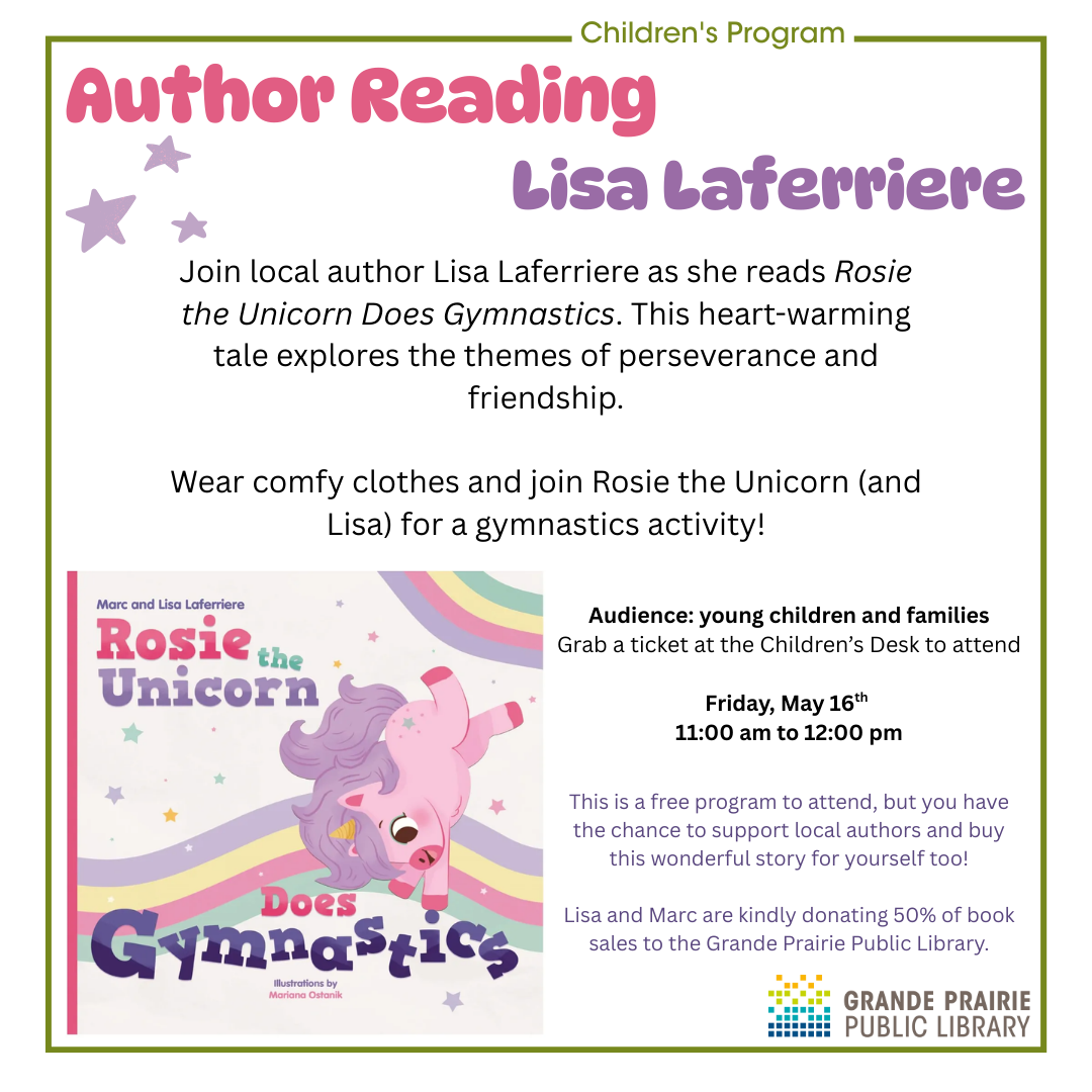 author reading with Lisa Laferriere, image of the book cover with a pink unicorn doing gymnastics