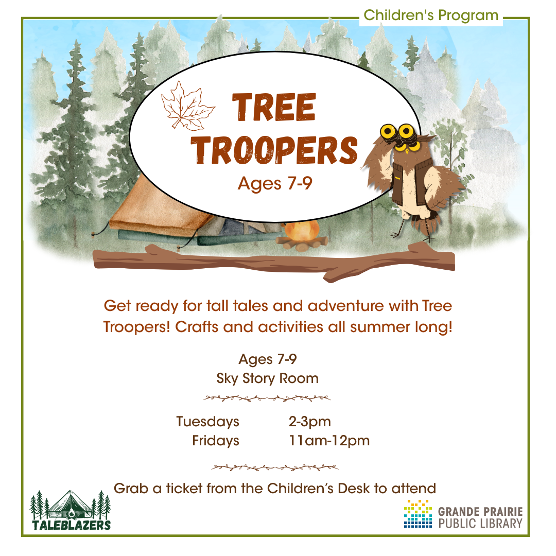 Un hibou avec des jumelles present: Tree Troopers, ages 7-9. 