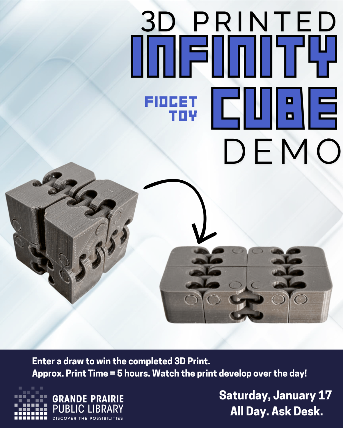 poster featuring a picture of the 3d printed infinity cube + date & time of event.